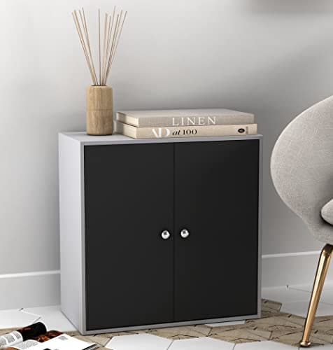 Image of URBNLIVING 2 Tier Wooden Storage Cabinet (Grey Cabinet + Black Doors), H 60 W 60 D 30, (FP-634)