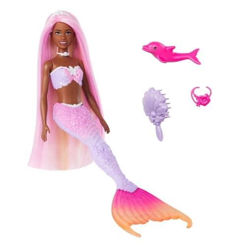 Image of Barbie Mermaid Doll, “Brooklyn” with Pink Hair, Styling Accessories, Pet Dolphin and Water-Activated Color Change Feature, HRP98