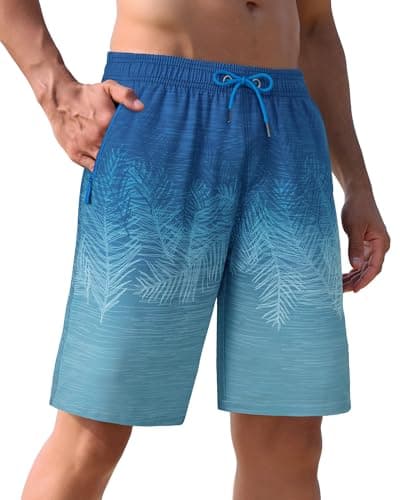 Image of APTRO Men's Swimming Shorts Board Shorts with Zip Pockets Quick Dry Beach Shorts Gradient Swim Shorts with Mesh Lining Blue Leaves MK112 L