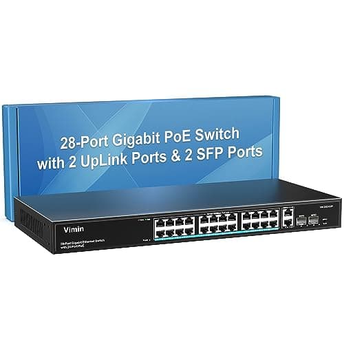 Image of VIMIN 24 Port Gigabit PoE Switch with 2 Uplink Gigabit & 2 SFP Ports, 28-Port Ethernet PoE Switch Unmanaged w/ 320W High Power, Support IEEE802.3af/at, VLAN, Rack-Mount, Sturdy Metal Housing
