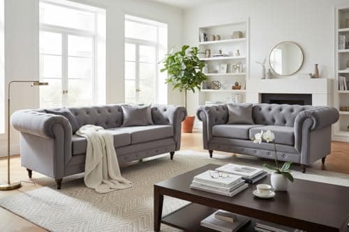 Image of Dante Furniture Chesterfield Sofa in Upholstered Grey Velvet in 2 Seater or 3 Seater Couch. (3 and 2 Seater)