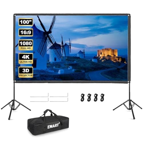 Image of EMART Outdoor Projector Screen with Stand, 100 Inch Portable Indoor 16:9 4K HD Rear Front Movie Screens & Foldable Tripod with Carry Bag for Theater Home Backyard Movies