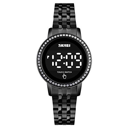 Image of zolohoni Stainless Steel Digital Watches for Women, LED Touch Screen Bracelet Watches Waterproof Elegant Crystal Wrist Watch Clock for Ladies, Round Black, Vintage