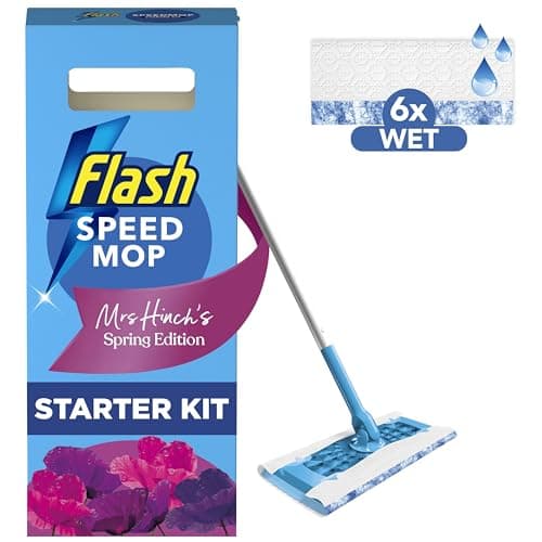 Image of Flash Speedmop Mrs Hinch's Wet Mop Head Floor Cleaner Starter Kit For Cleaning Floors With Scrubbing Action, Includes: 1 Mop, 6 Wet Refills, Lemon Scent
