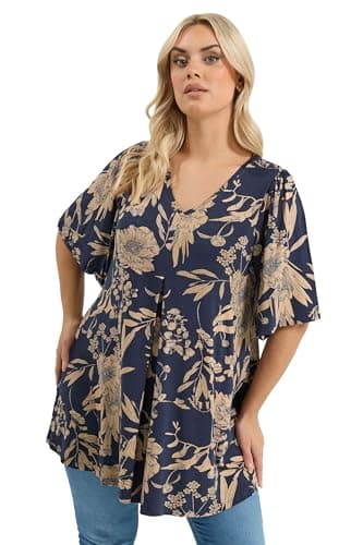 Image of Yours Curve Blue Floral Pleated Front Top - Women's - Plus Size Curve