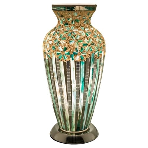 Image of Britalia Green Art Deco Flower Mosaic Glass Vintage Vase Table Lamp with Chrome Base | 38cm Height | 1 x E27 Bulb Required | Study - Bedroom - Lounge - Living Room | Desk Light | Inline Switch