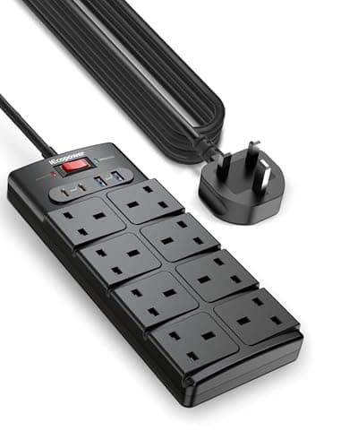 Image of 5M Extension Lead with USB Slots,2 USB C Fast Charge Ports(PD20W) and 2 USB-A Ports(18W),Power Strip Surge Protector with 8 way plug extension Socket and Extension cable,Black
