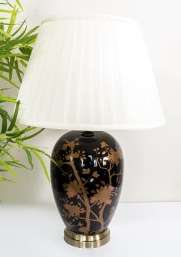 Image of DOWNTON INTERIORS Large Black Chinese Oriental Ceramic Porcelain Table Lamp Gold Floral Pattern Overall Height 62cm (G2105) (White Pleated Shade)