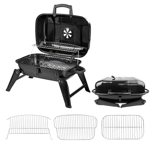 Image of Alivio Portable Charcoal BBQ Grill with Lid, Folding Compact Tabletop Barbecue for Camping, Picnic, Garden & Patio, Adjustable Vent (Black)