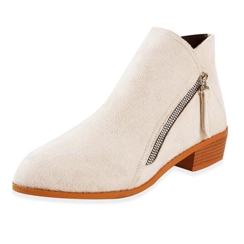 Image of WOFANLULY Women's Ankle Boots, Fashion Chunky Heel Side Zipper Classic Comfort Winter Ankle Booties (Beige, Size 6)