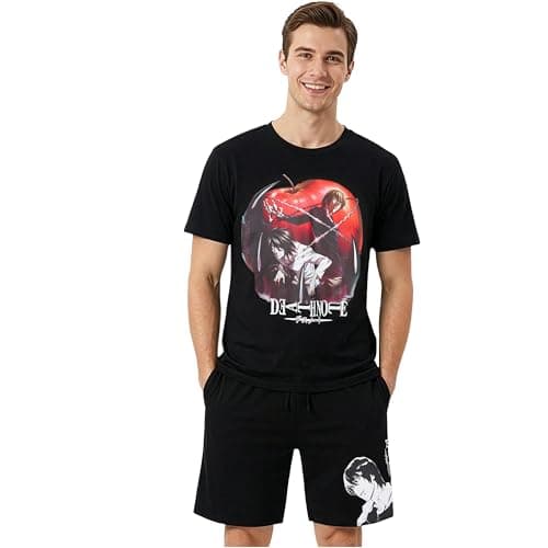 Image of Get Trend Death Note Men’s Pyjamas Sets, Short Cotton Pj Bottoms & Crew Neck T-shirt, Soft Breathable Nightwear, Anime Manga Gifts (M, Black Death Note)