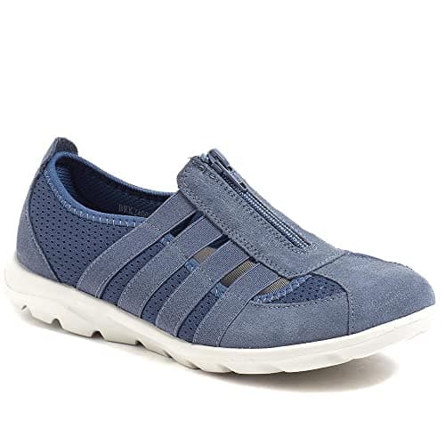 Image of Pavers Women's Mesh Zip Trainers in Denim - Wide Fit Slip On Shoes with Stretchy Strap - Breathable Ladies Casual Sports Footwear - Size UK 5 / EU 38