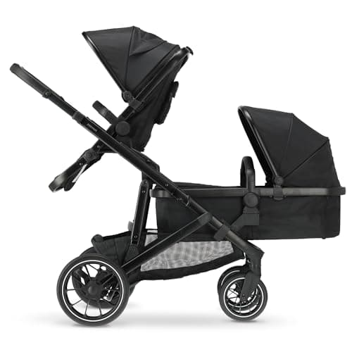 Image of Deryan Evy V2 Pram for 2 Children, Baby & Toddler Tandem Pushchair, Carrycot Convertible to Reversible Seat & Second Seat from 6 Months, Baby Pram Buggy up to 50 kg, 2-in-1 (Black)