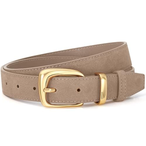 Image of VONMELLI Women Suede Leather Belt for Dresses Jeans Fashion Gold Buckle Ladies Waist Belts Khaki Fit Waist Size 26-30 Inches