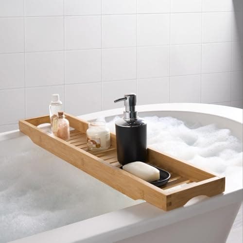 Image of OHS Bath Shelf Over Bath, Home Spa Bath Caddy Bamboo Bath Tray Wooden Bath Table Organiser Candles Wine Glass Books Slatted Shelf Over for Accessories, Natural