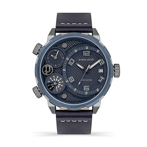 Image of Police Ray Mens Multifunction Watch with Blue Dial and Blue Leather Strap, 51mm Stainless Steel Case in Branded Watch Box PEWJB2195340-2 Year Warranty