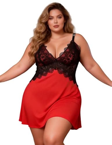 Image of ohyeahlady Womens Plus Size Lingerie Leopard Print Babydoll Nightwear Lace Trim Chemises Negligees V Neck Sleepwear Outfits Sexy Nightgown Black Red Size UK 16-18