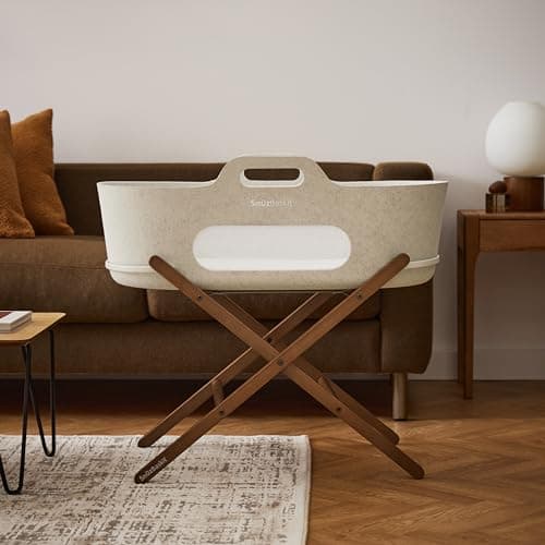 Image of SnuzBaskit Moses Basket with Mattress & Folding Stand Bundle, Breathable Mesh Windows, Travel Crib, Suitable for Newborn to 6 Months, Stylish & Versatile for Home or Travel, Barley & Walnut