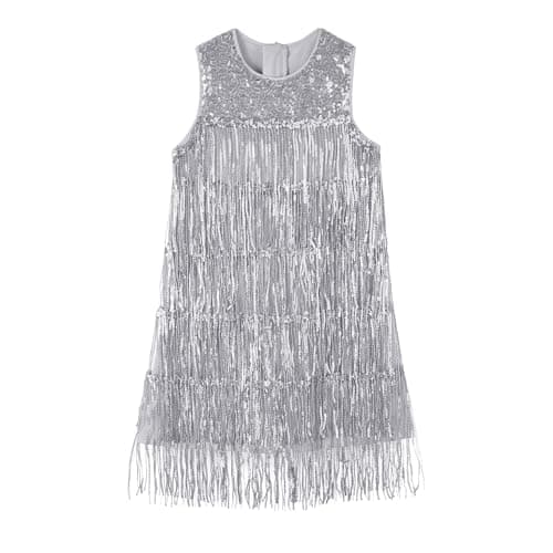 Image of Miipat Girls Sequin Fringe Dress Layered Sparkly Tassel Sleeveless Vintage 20s Flapper Dress Little Kids Dance Party Pageant Birthday Dresses(Silver, 9-10 Years)