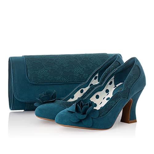 Image of Ruby Shoo Women's Chrissie Mid Heel Court Shoes & Matching Tirana Bag Petrol UK 7