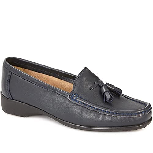 Image of Pavers Womens Wide Fit Leather Tassel Loafers in Navy Blue - Comfortable Slip-On Shoes - Smart Work & Casual Everyday Shoes with Low Heel - UK Size 5