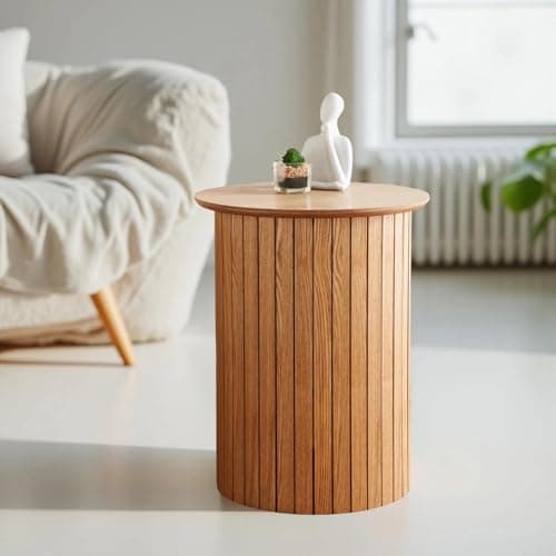 Image of Dylex Round Side Table with Oak Effect, Panelled Design, Modern Living Room Coffee Table