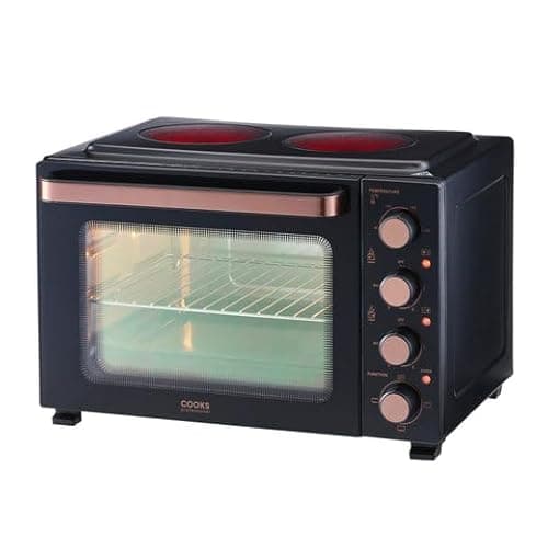 Image of Cooks Professional Mini Portable Oven with Ceramic Hobs | Energy Efficient Electric Countertop Cooker with Two Hot Plates & Wire Rack Baking Tray | Kitchen Grill Ovens | 34L Capacity | Black & Copper