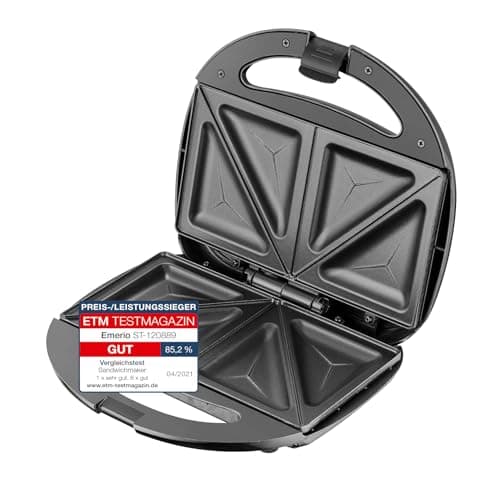 Image of Emerio Double sandwich maker, BPA free, classic shape for triangular sandwich, easy to clean, non-stick, heats up quickly, 750 watts