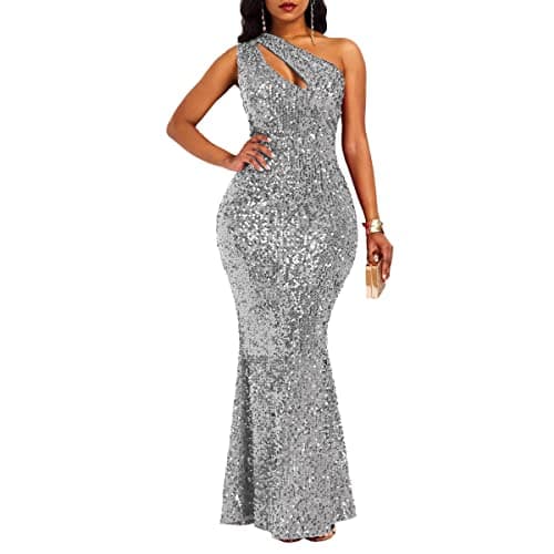 Image of VERWIN Sequins Fashion Sleeveless Oblique Collar Mermaid Women's Maxi Dress Bodycon Dress Party Dress Gray L