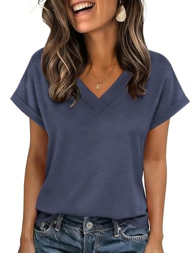 Image of Zeagoo T Shirts for Women UK V Neck Tops Batwing Short Sleeve Tshirt Summer Casual Loose Tee Blue Purple XL