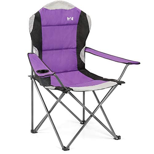 Image of Trail High Back Folding Camping Chair, Luxury Padded Seat, Heavy Duty Tubular Steel, Cup Holder Armrest, Lightweight Portable, Outdoor Garden, Carry Bag