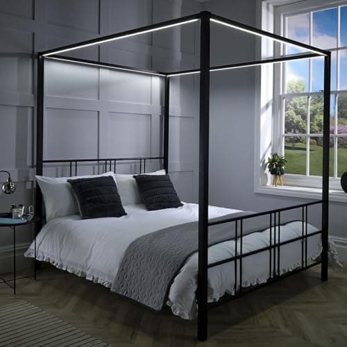 Image of X-Rocker FERN Four Poster Bed with LED Lighting, Double 4ft6 Bedstead, Metal Canopy Bed Frame, Sturdy 4 Poster Bed Frame with Headboard and Dimmable LED Lighting, 3 Light Settings XR LIVING - BLACK