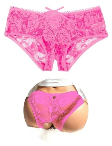 Image of ohyeahlady Thongs for Women Sexy Panties Plus Size Sheer Lace Underwear Soft Stretchy French Knickers Low Rise Brazilian Knickers Underpants Lace Up Bikini Briefs 1 Pack Pink Size 12 14