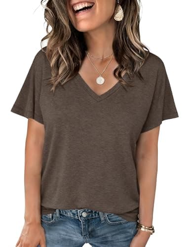 Image of Crewhpo Women's T-Shirt V Neck Short Sleeve Solid Color T Shirts Summer Basic Tee Tops Loose Fitting Casual Blouse A-Brown