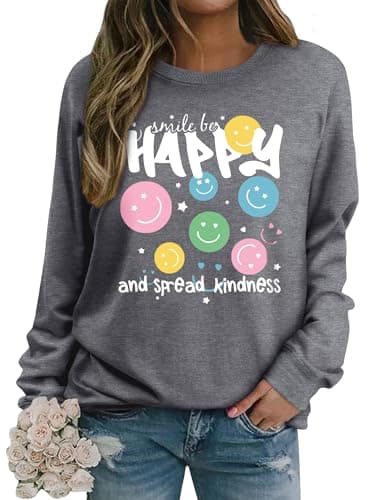 Image of Dresswel Womens Sweatshirt Vintage Funny Smile Face Graphic Print Crewneck Long Sleeve Tops Ladies Pullover Basic Cotton Jumpers Blouse(2-Gray, 2XL)