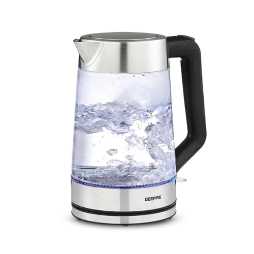 Image of GEEPAS Illuminating Electric Glass Kettle | 1.7L Cordless Jug Kettle with Stainless Steel Heating Element | Auto Shut Off Boil-dry Sensor & 360° Rotational Base | 2 Year Warranty 3000W Black