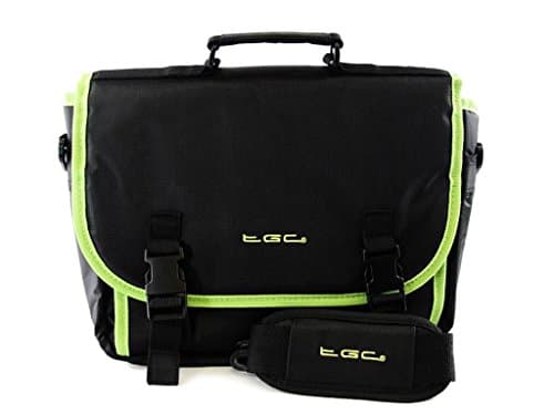 Image of New TGC ® Messenger Style TGC Padded Carry Case Bag for The Nextbase Click 9 Uno Portable DVD Player (Jet Black with Green Trims)