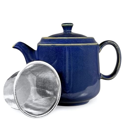 Image of Ceramic Teapot with Infuser 1 Litre | 4 Cup Loose Leaf Tea Pot | Navy Blue Reactive Glaze | Stainless Steel Strainer | Scandi Home