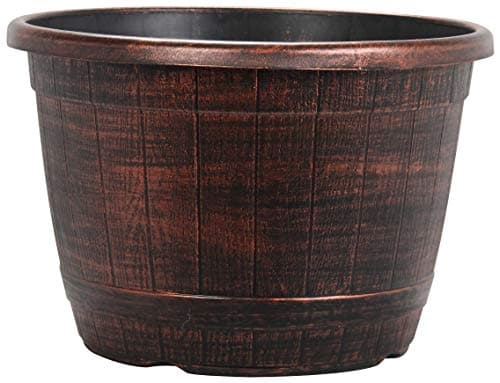 Image of Muddy Hands Copper Wooden Barrel Effect Plant Pot Round Plastic Planter Outdoor Garden Flower Tree Herb (1, 16.8 Litre)