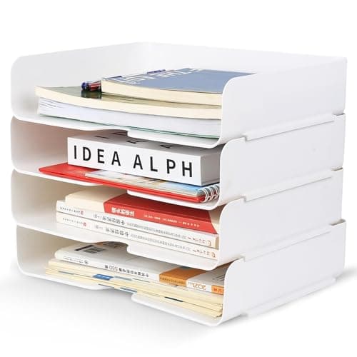 Image of 4 Pcs Paper Organiser, White Paper Trays for Desk Trays Stackable Desktop Desk File Racks, Accessories Letter Tray for Magazine Receipts File Holder Mail Organiser(13 x 9.84 x 2.76")