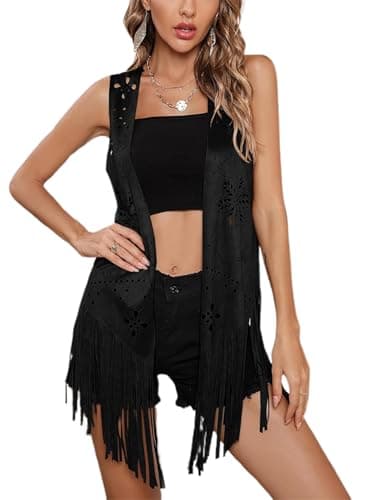 Image of Women Tassel Vest 70s Hippie Costume Sleeveless Rivet Fringe Open Front Faux Suede Waistcoat Jacket Western Hippie Long Cardigan (B-Black, M)