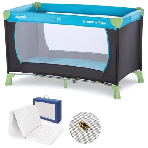 Image of hauck Dream n Play Baby Travel Cot Set with Extra Alvi Comfort Mattress and Mosquito Net - Foldable Children's Baby Travel Cot with Bag - Water Blue
