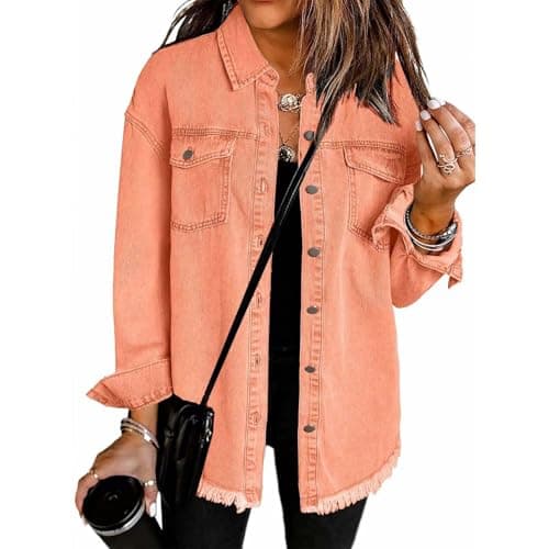 Image of Cocila Denim Jackets Women UK Button Down Windproof Casual Long Frayed Hem Shacket Coats Washed 2025 Jean Solid Color Lightweight Stretch Boyfriend Jean Jacket Gift with Pockets Orange M