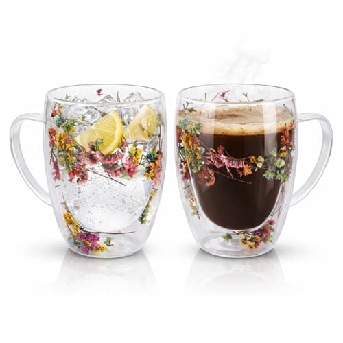 Image of Straame Dried Flower Glass Coffee Mugs Pack of 2, 350 ml Floral Double Walled Glass Mugs with Handle, Double Wall Glass Tea Cups, Insulated Flower Mug, Double Walled Coffee Mug for Hot & Cold Drinks