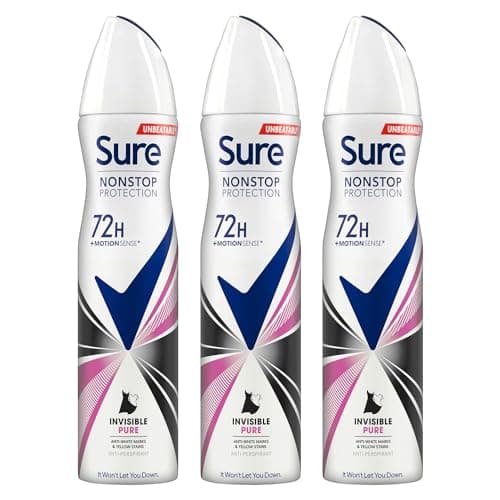 Image of Sure Antiperspirant 72H Nonstop Sweat and Odour Protection Alcohol-Free Body Spray Anti-White Markswith Fresh and Clean Multi Fragrance Deodorant for Women, 250ml (Invisible Pure, Buy 3)