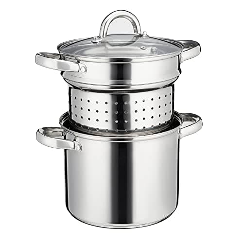 Image of Cooks Professional Stainless Steel Pasta Pot l 5 Litre Stockpot with Glass Lid & Removable Strainer Insert | Thick Induction Base | Suitable for All Hob Types