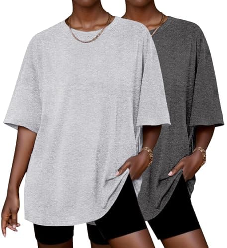 Image of Ekouaer 2 Pack T Shirts for Women Summer Oversized Womens Tops Soft Lightweight Short Sleeve Ladies Tshirt Basic Casual T-Shirt, Dark Grey + Light Grey XXL