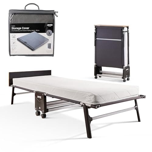 Image of JAY-BE RE80 Folding Bed with e-Fibre Comfort Mattress and Storage Cover, Rollaway, Portable 360° Castors, Anti-Tip Legs, Wood Headboard, Fold-Up Comfortable Guest Bed, Single