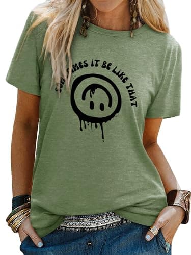 Image of WIEIYM T Shirt Women Crew Neck T-Shirts Summer Tee Smile Graphic Slogan Tshirt Something It Be Like that Unisex Basic Tops