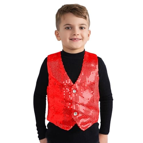 Image of Dress Up America Sequin Vest for Kids - Red Shiny Dance Vest for Boys - Party Costume for Girls and Boys - Beautiful Dress Up Set for Role Play